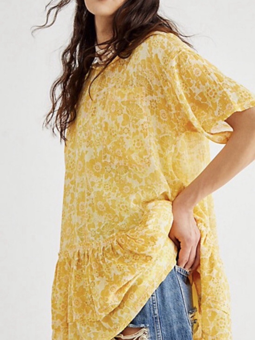 Free People Yellow Floral Ruffle-Hem Tunic